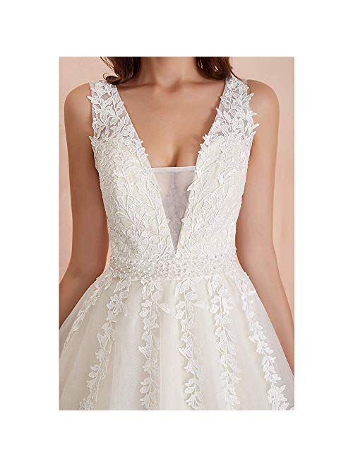 Princess Women's Wedding Dress for Bride Lace Applique Evening Dress V Neck Lace Wedding Ball Gowns