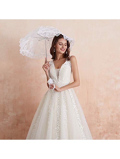 Princess Women's Wedding Dress for Bride Lace Applique Evening Dress V Neck Lace Wedding Ball Gowns