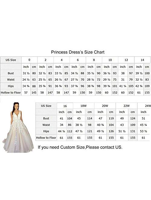 Princess Women's Wedding Dress for Bride Lace Applique Evening Dress V Neck Lace Wedding Ball Gowns