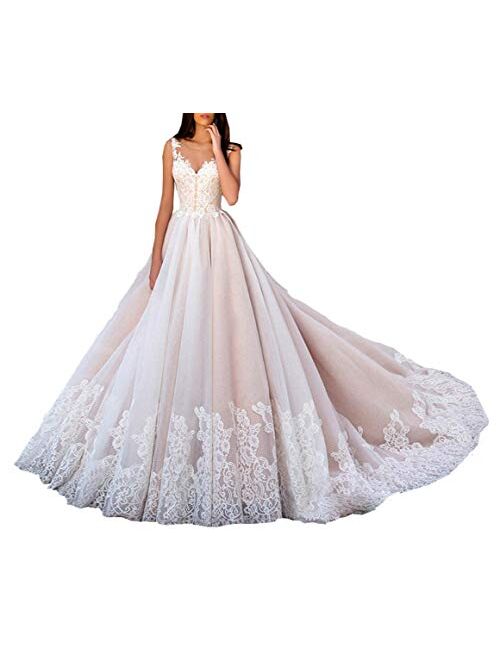 Solandia Women's Sweetheart Bridal Gowns Long Lace Wedding Dress with Train Plus Size