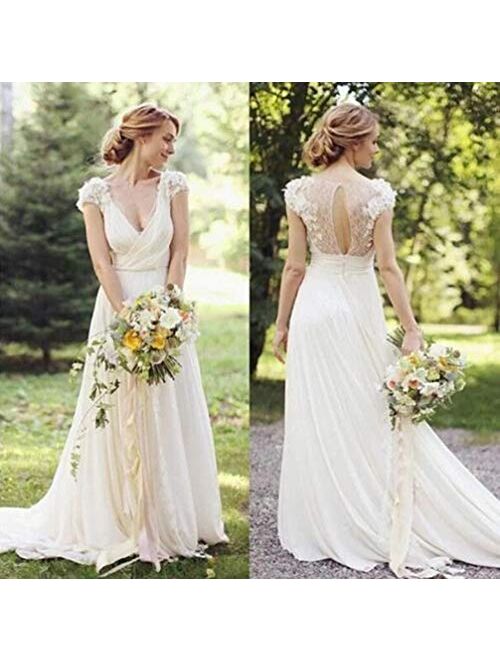 P PROMSTAR V-Neck Wedding Dress for Bride Lace Chiffon Beach Wedding Gowns Long with Train