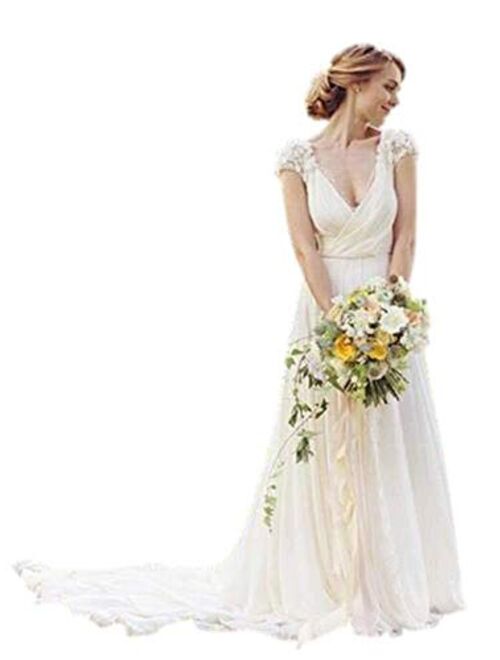 P PROMSTAR V-Neck Wedding Dress for Bride Lace Chiffon Beach Wedding Gowns Long with Train