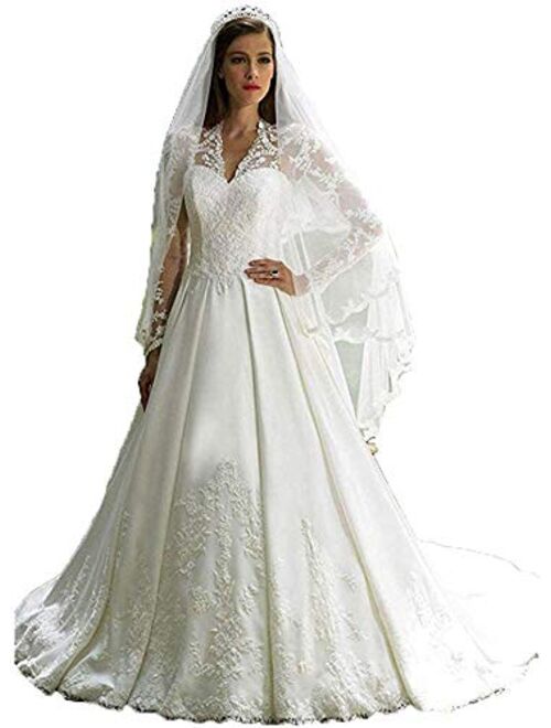 Elliebridal Casual Satin Women's Bridal Ball Gown Long Sleeves A-line Wedding Dresses with Train for Bride