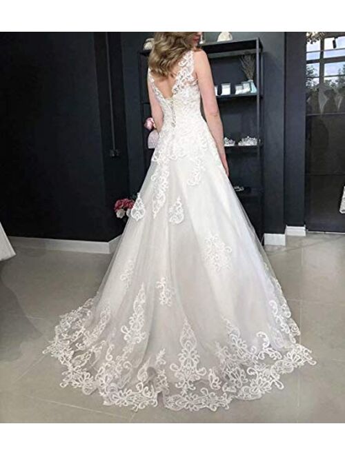 Melisa Women's Lace up Sequins Wedding Dresses for Bride with Train Long Tulle A Line Appliques Elegant Bridal Ball Gowns