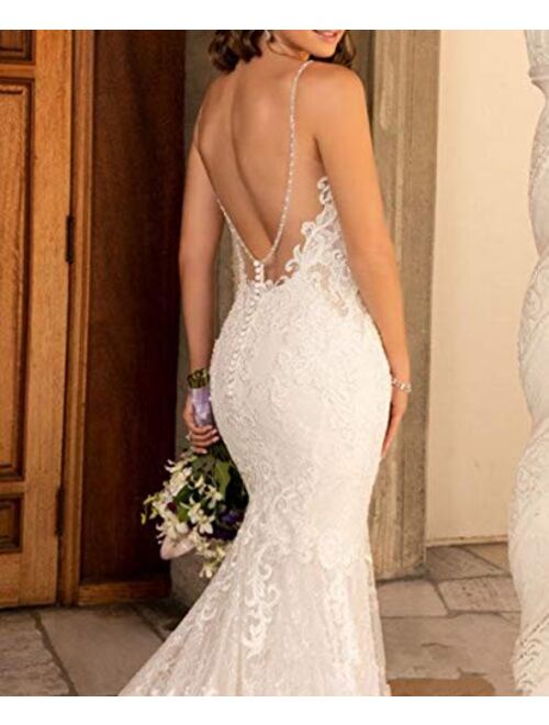 Melisa Spaghetti Straps Open Back Bridal Ball Gown Lace Beach Mermaid Wedding Dress for Bride with Train