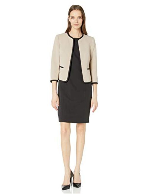 Le Suit Women's Petite Jacquard Piped Open Front Jacket and Dress