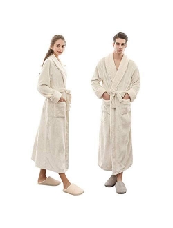 JBDGNZ Winter Men/Women Long Flannel Warm Bathrobe Thick Winter Kimono Bathrobe with Pocket Solid Color Dressing Gown Robes,White,Women,Size M