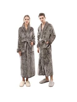 JBDGNZ Winter Men/Women Long Flannel Warm Bathrobe Thick Winter Kimono Bathrobe with Pocket Solid Color Dressing Gown Robes,White,Women,Size M