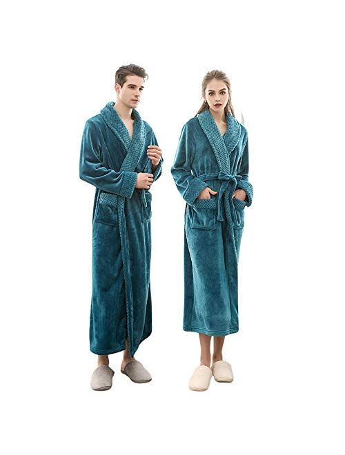 JBDGNZ Winter Men/Women Long Flannel Warm Bathrobe Thick Winter Kimono Bathrobe with Pocket Solid Color Dressing Gown Robes,White,Women,Size M