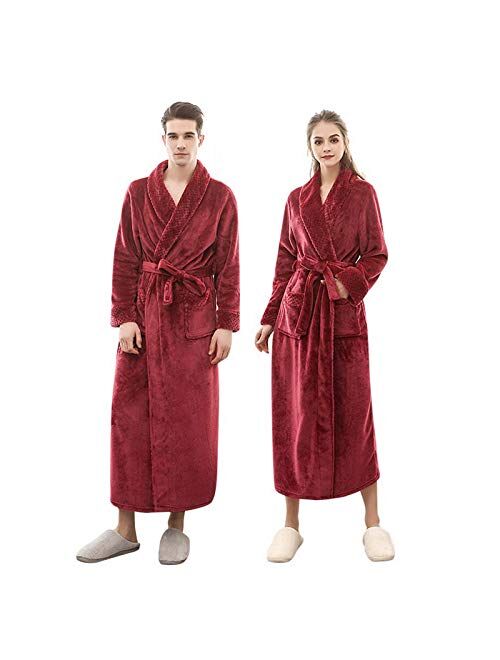 JBDGNZ Winter Men/Women Long Flannel Warm Bathrobe Thick Winter Kimono Bathrobe with Pocket Solid Color Dressing Gown Robes,White,Women,Size M