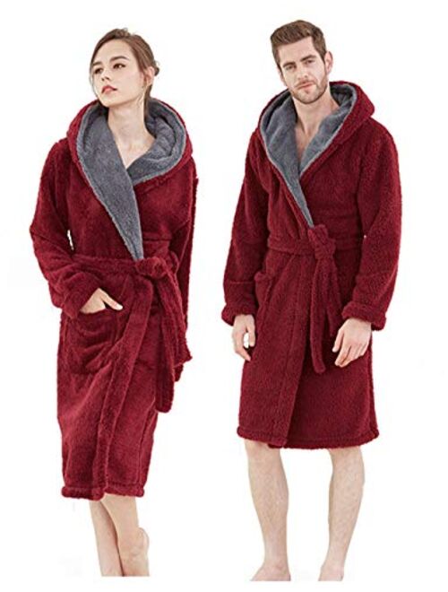 Couple Hooded Dressing Gown，Flannel Plus Size Medium Long Robes Hotel Couple Pajamas Adult Bathrobes Home Apparel (Color : Wine red, Size : S)