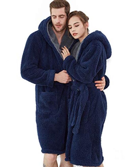 Couple Hooded Dressing Gown，Flannel Plus Size Medium Long Robes Hotel Couple Pajamas Adult Bathrobes Home Apparel (Color : Wine red, Size : S)