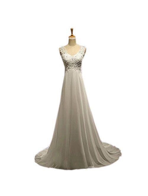 Rudina Women's A-Line V Neck Chiffon Beaded Lace Custom Wedding Dresses with Appliques Button Design