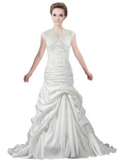 ANTS Women's Ruched Satin Lace A Line Bridal Gown Cap Sleeve