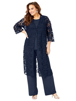 Roamans Women's Plus Size Three-Piece Lace Duster & Pant Set Duster, Tank, Formal Evening Wide Leg Trousers