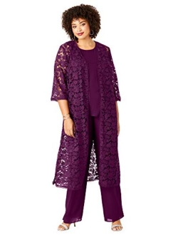 Roamans Women's Plus Size Three-Piece Lace Duster & Pant Set Duster, Tank, Formal Evening Wide Leg Trousers