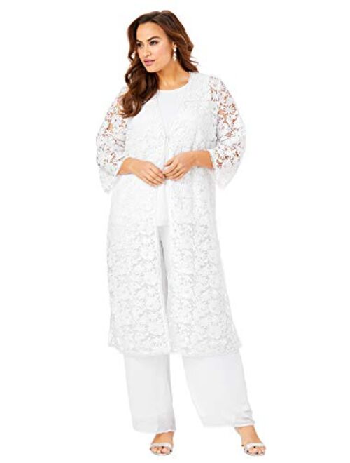 Roamans Women's Plus Size Three-Piece Lace Duster & Pant Set Duster, Tank, Formal Evening Wide Leg Trousers