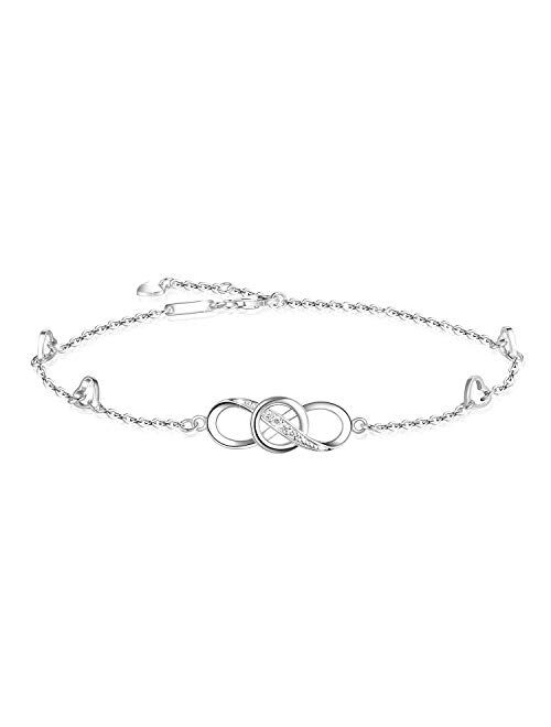 OneSight Infinity Ankle Bracelet for Women,925 Sterling Silver Charm Adjustable Anklet, White Rose Gold Colors