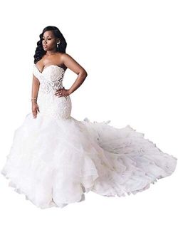 Sweetheart Corset Bridal Gowns Ruffles Train Lace Mermaid Wedding Dresses for Bride 2021