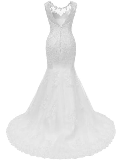 Melisa Women's Lace Beaded Mermaid Wedding Dresses with Train Long Tulle Bridal Ball Gowns Plus Size