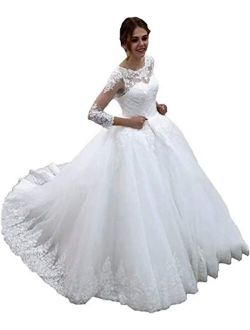 Women's Long Sleeve Corset Bridal Ball Gown Train Lace up A-line Wedding Dresses for Bride 2021