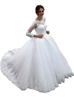 Women's Long Sleeve Corset Bridal Ball Gown Train Lace up A-line Wedding Dresses for Bride 2021