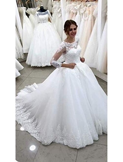 Women's Long Sleeve Corset Bridal Ball Gown Train Lace up A-line Wedding Dresses for Bride 2021