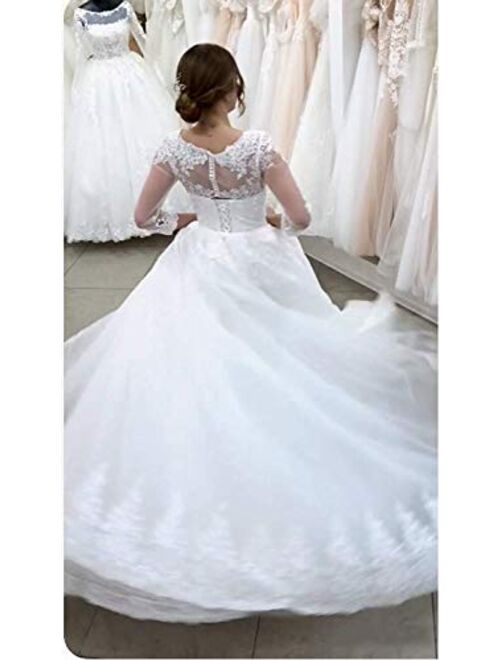 Women's Long Sleeve Corset Bridal Ball Gown Train Lace up A-line Wedding Dresses for Bride 2021