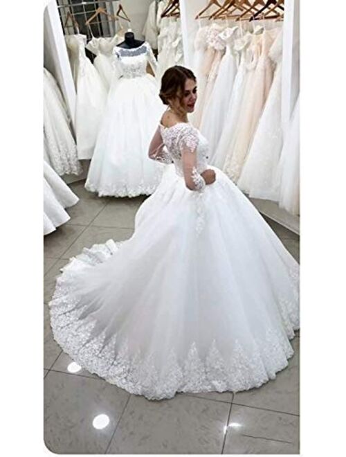 Women's Long Sleeve Corset Bridal Ball Gown Train Lace up A-line Wedding Dresses for Bride 2021