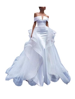 Off Shoulder Satin Mermaid Wedding Dresses for Women Bride with Detachable Train Sash Church Bridal Gown