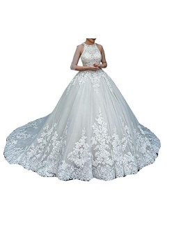 Melisa Women's High Neck Lace Beaded Wedding Dresses for Bride with Train Elegant Princess Bridal Ball Gowns