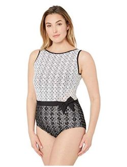 Women's Multi Color Crochet High Neck Side Splice One Piece Swimsuit