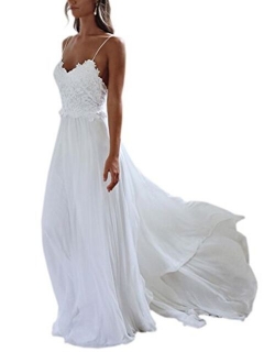 Datangep Women's Spaghetti Straps Backless A-line Chiffon Beach Wedding Dress