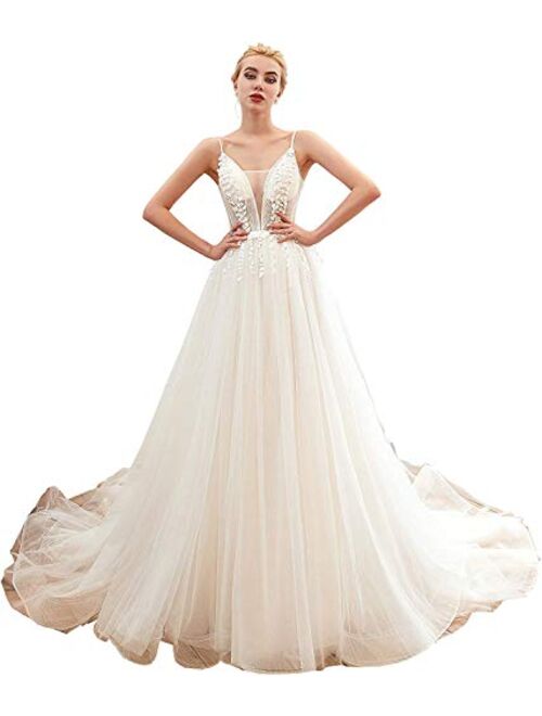 Datangep Women's Spaghetti Straps Backless A-line Chiffon Beach Wedding Dress