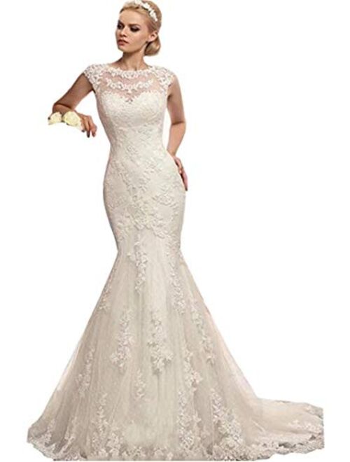 Melisa Women's High Neck Beaded Mermaid Wedding Dresses for Bride with Lace Sash Bowknot Bridal Ball Gowns