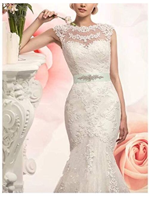 Melisa Women's High Neck Beaded Mermaid Wedding Dresses for Bride with Lace Sash Bowknot Bridal Ball Gowns