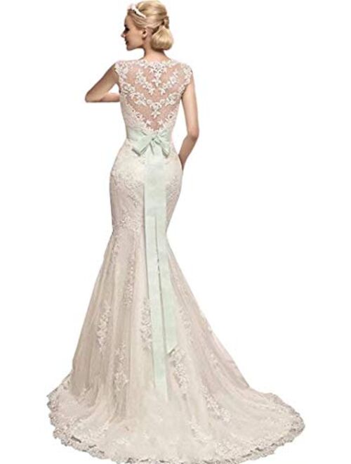 Melisa Women's High Neck Beaded Mermaid Wedding Dresses for Bride with Lace Sash Bowknot Bridal Ball Gowns