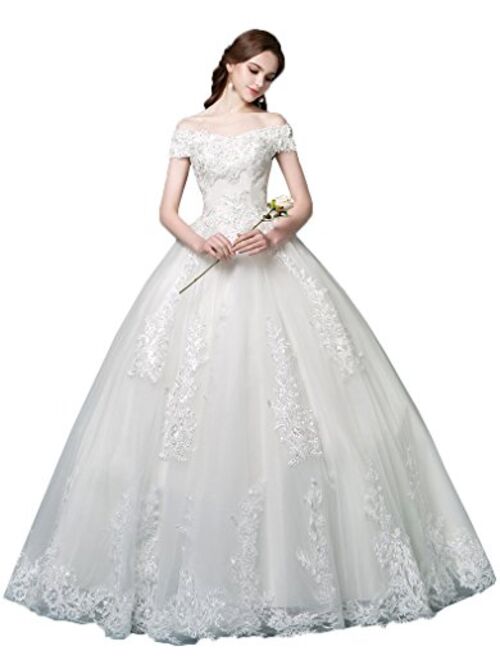 Okaybrial Women's Beach Wedding Dress Off Shoulder Appliques Beading Ball Gown Bride Dress