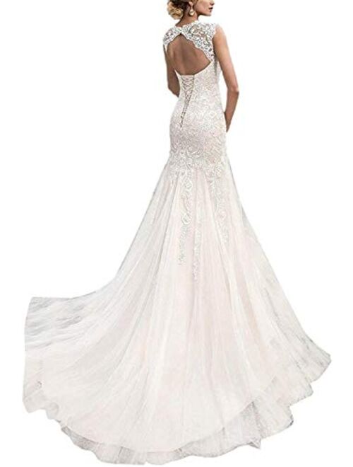 Melisa Women's Beach Mermaid Wedding Dresses for Bride with Train Lace Bridal Ball Gown Plus Size