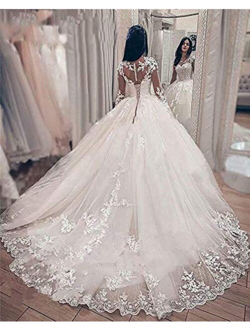 Melisa A-Line Long Sleeves Lace Applique Ball Gowns with Train Beach Wedding Dresses for Women Plus Size