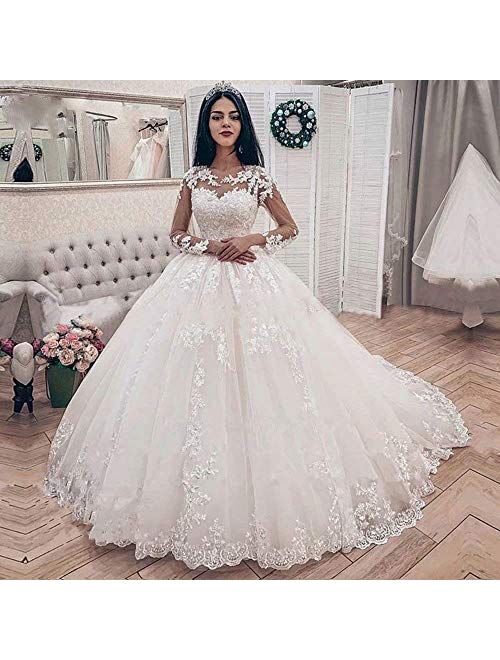 Melisa A-Line Long Sleeves Lace Applique Ball Gowns with Train Beach Wedding Dresses for Women Plus Size