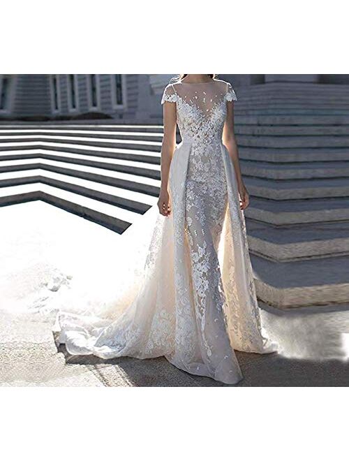 Women's Illusion Short Sleeves Lace Beach Mermaid Wedding Dresses for Bride with Detachable Train Bridal Ball Gowns