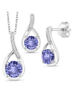 Gem Stone King 1.96 Ct Round Blue Tanzanite 925 Sterling Silver Pendant Earrings Set