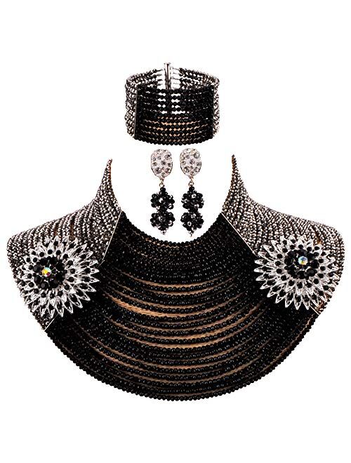 aczuv 25 Rows 4mm Crystal Beaded African Beads Jewelry Set Nigerian Wedding Necklace