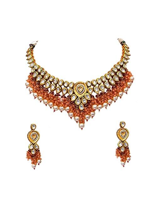 Gemsonclick Indian Traditional Choker Necklace Earrings Set Gold Plated Kundan Stone Handcrafted Fashion Jewellery for Women Girls