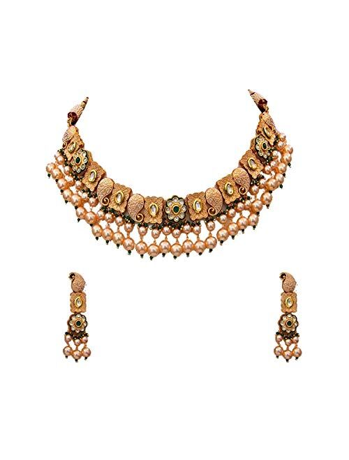 Gemsonclick Indian Traditional Choker Necklace Earrings Set Gold Plated Kundan Stone Handcrafted Fashion Jewellery for Women Girls