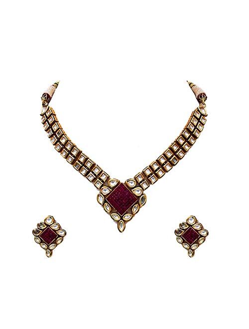 Gemsonclick Indian Traditional Choker Necklace Earrings Set Gold Plated Kundan Stone Handcrafted Fashion Jewellery for Women Girls