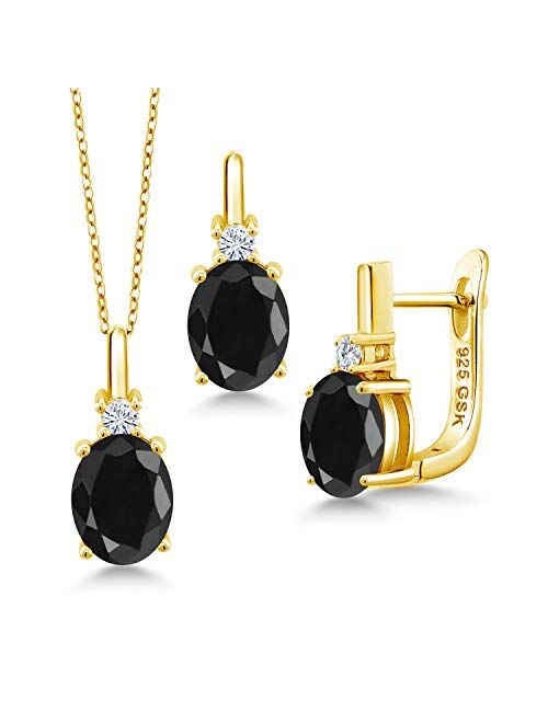 18K Yellow Gold Plated Silver Pendant Earrings Set Oval Black Sapphire and Forever Classic Created Moissanite 0.06ct (DEW) by Charles & Colvard