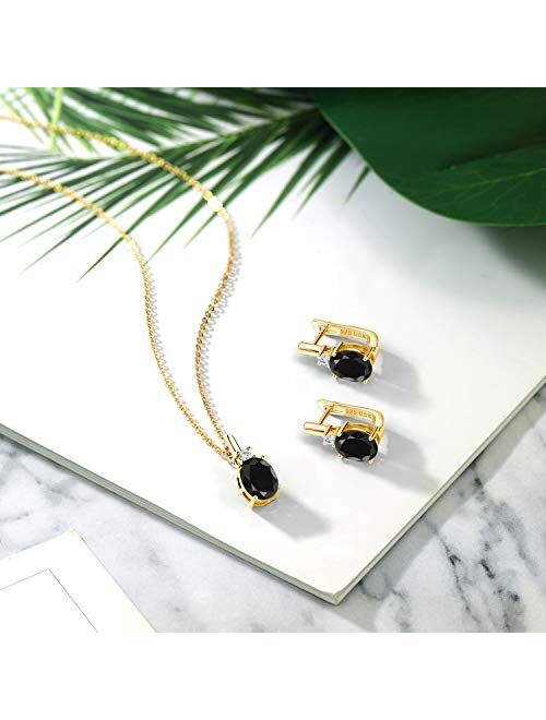 18K Yellow Gold Plated Silver Pendant Earrings Set Oval Black Sapphire and Forever Classic Created Moissanite 0.06ct (DEW) by Charles & Colvard