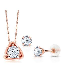 Gem Stone King 1.25 Ct Round White Zirconia 10K Rose Gold Pendant Earrings Set